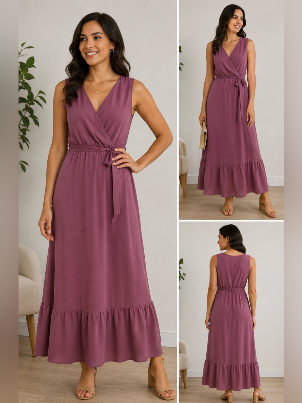 Lucky Brand Mauve Sleeveless Wrap Maxi Dress Size M Ruffle Hem